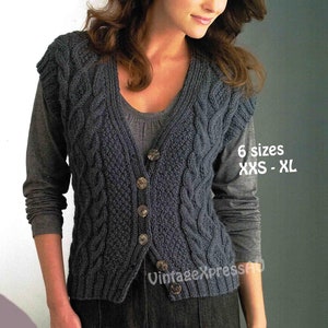 Aran Vest knitting pattern Buttoned sleeveless sweater Women 6 sizes 26-46in 65-115cm Chunky 12 ply Cable knit PDF digital download ENGLISH