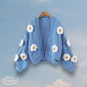Handmade Knit & Crochet Blue Daisy Cardigan, Oversized Chunky Knit Sweater, Balloon Sleeves, Cottagecore Aesthetic, Cozy Statement Knitwear